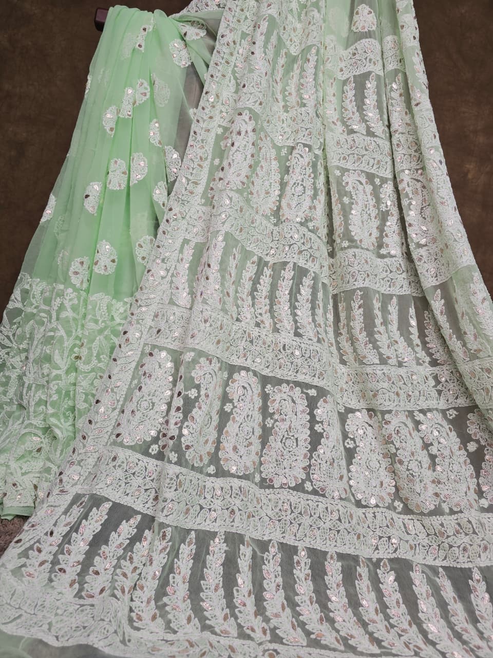 Celadon Green Chiffon Chikankari Saree with Gota Patti