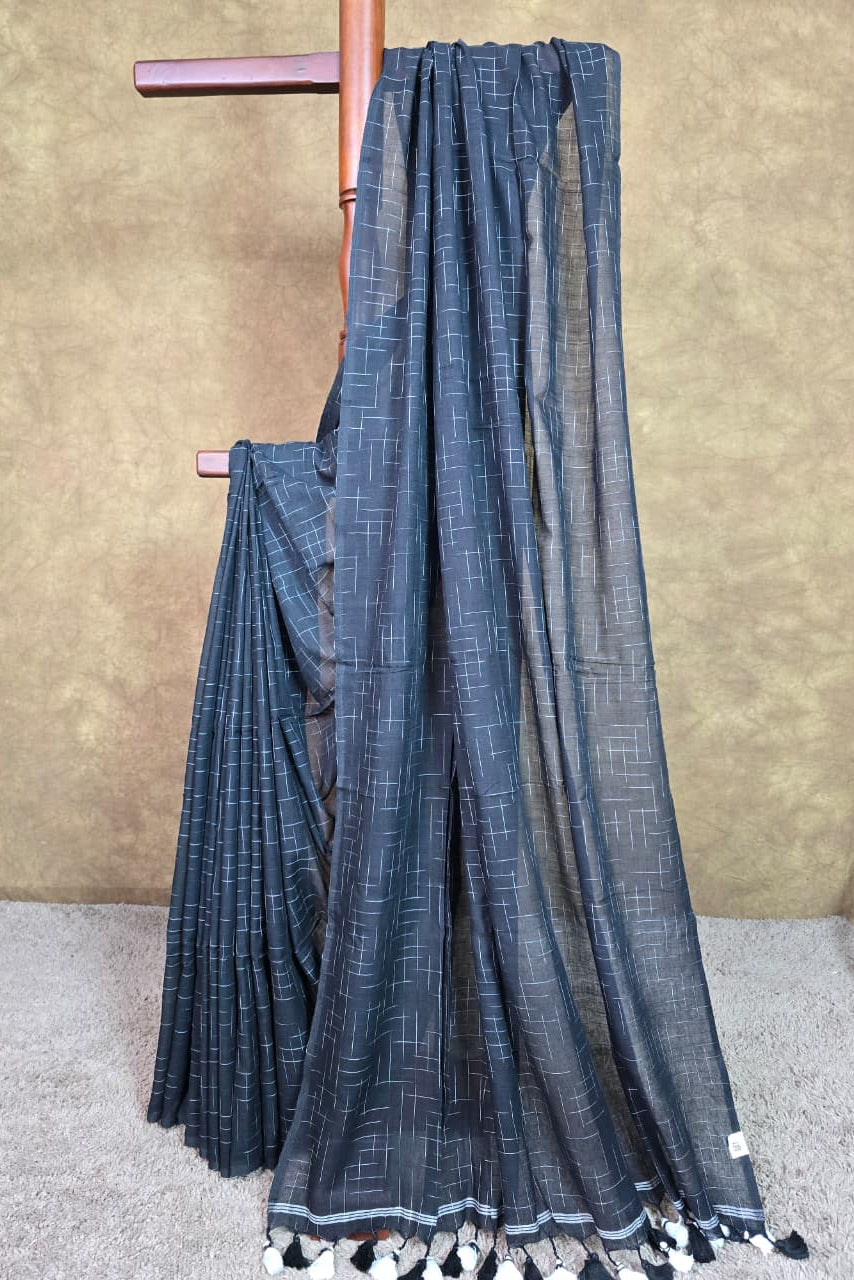 Black Handloom Cotton Saree with Contemporary White Lines
