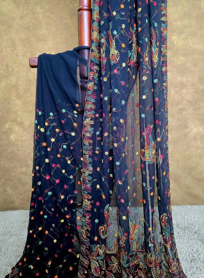 Black Saree with Multi-Thread Chikankari work