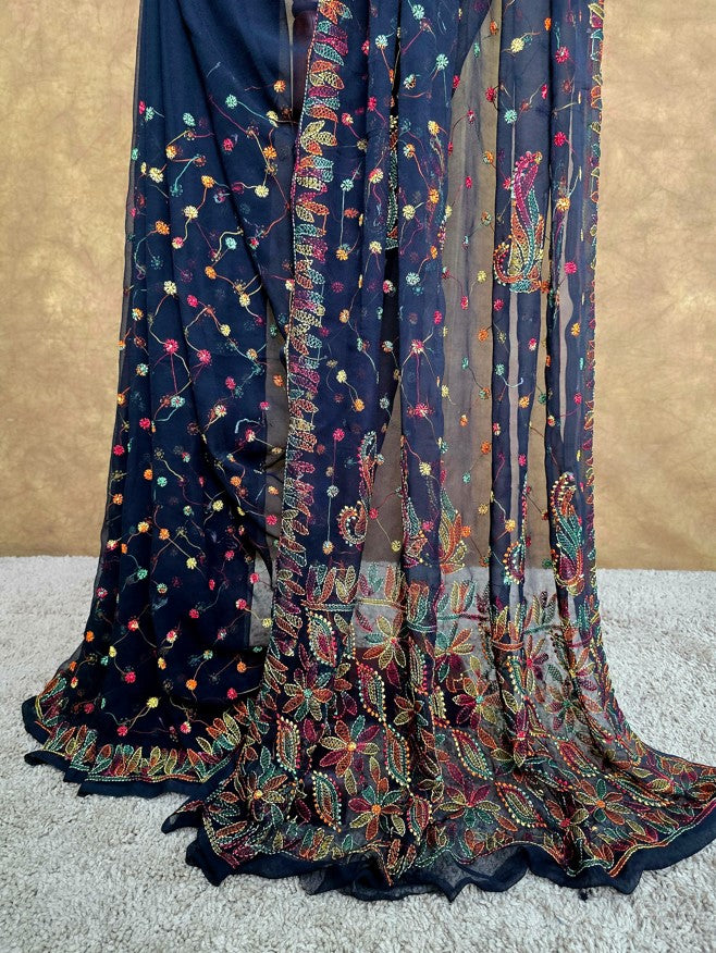Black Saree with Multi-Thread Chikankari - Graceful work