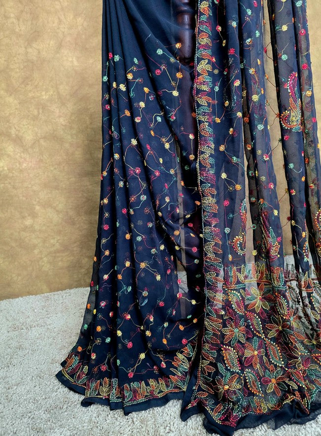 Black Saree with Multi-Thread Chikankari - Pleats