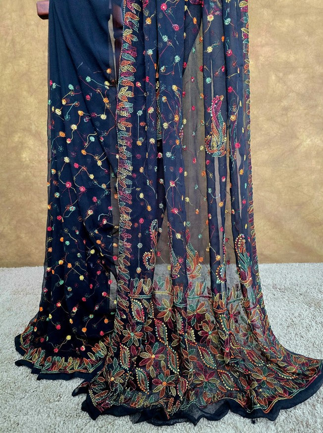 Black Saree Multi-Thread Chikankari - 