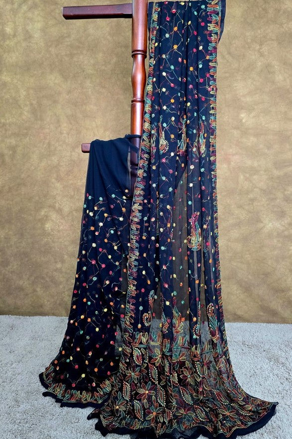 Black Saree with Multi-Thread Chikankari | Hastweave