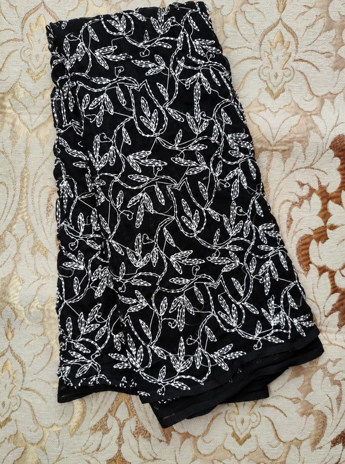 Black Chiffon Handcrafted Tepchi Chikankari Saree