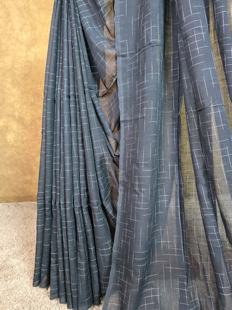 Black Handloom Cotton Saree with Contemporary White Lines