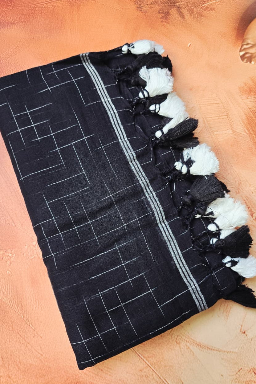 Black Handloom Cotton Saree with Contemporary White Lines