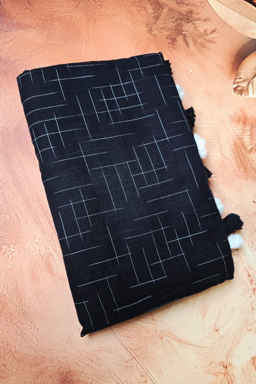 Black Handloom Cotton Saree with Contemporary White Lines