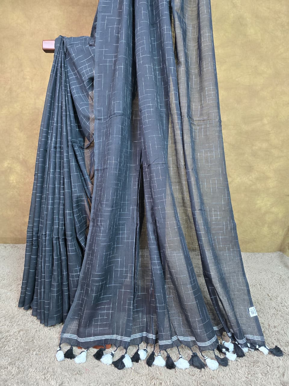 Black Handloom Cotton Saree with Contemporary White Lines