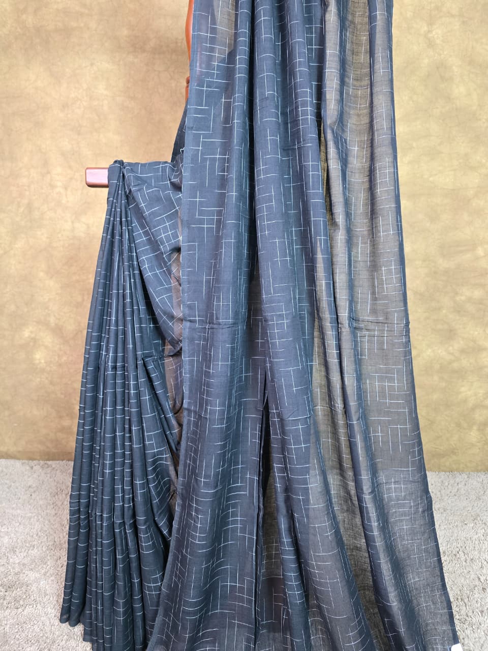 Black Handloom Cotton Saree with Contemporary White Lines