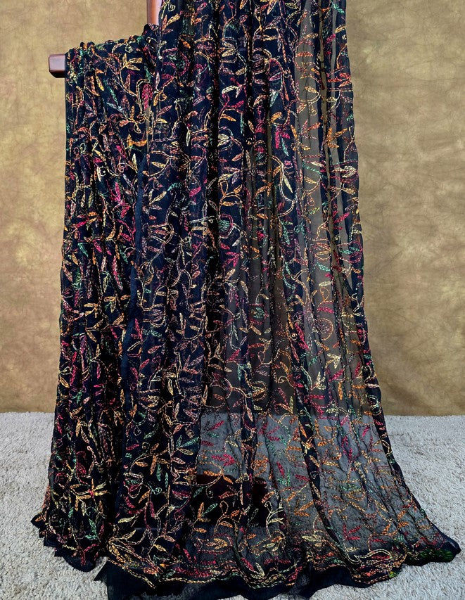 Black Saree Multi Coloured Tepchi work - Pallu | Hastweave