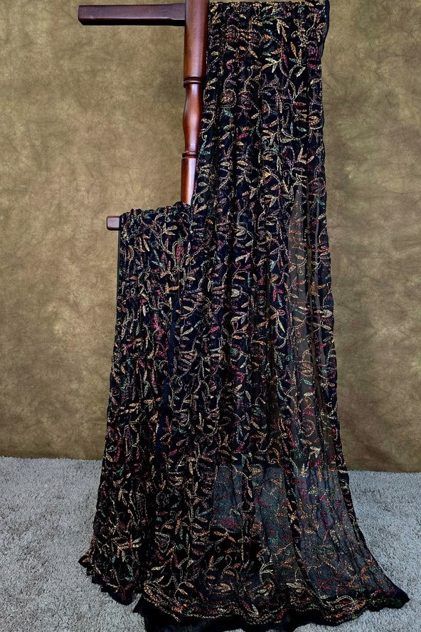 Black Chiffon Saree Multi Coloured Tepchi work | Hastweave
