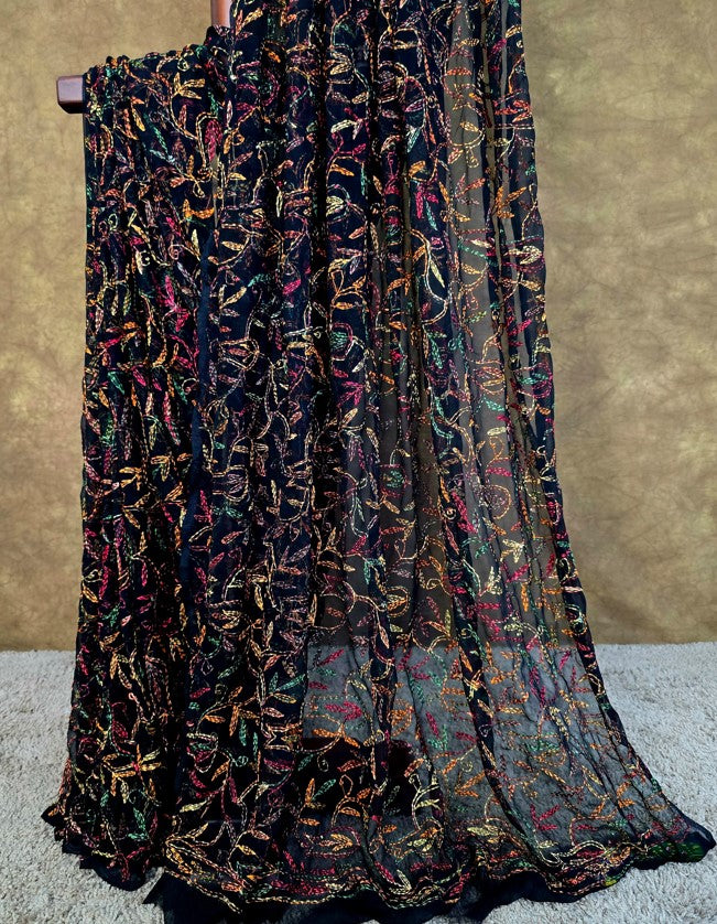 Black Saree Multi Coloured Tepchi work throughout the saree | Hastweave