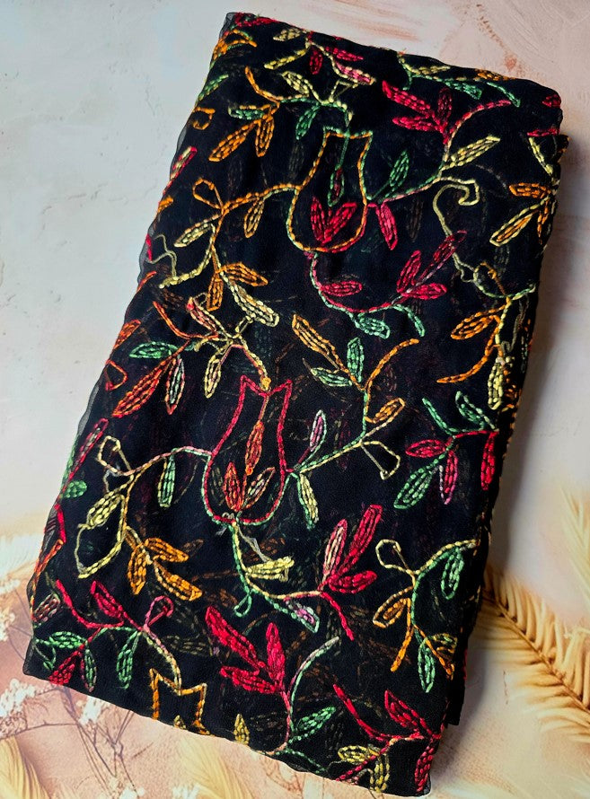 Black Saree Multi Coloured Tepchi work  - Folded | Hastweave