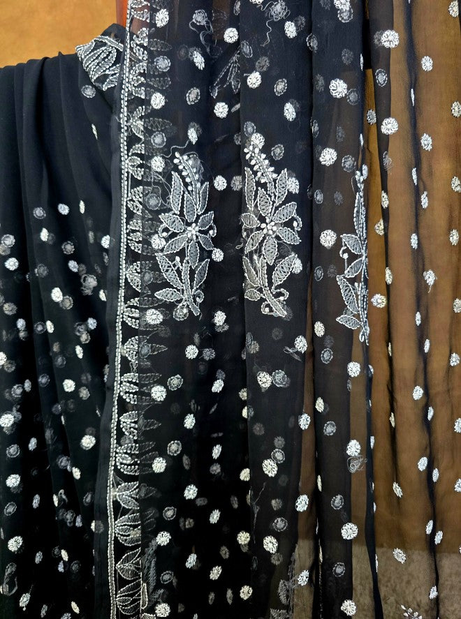 Black Saree with White Resham thread Chikankari - Beautiful work