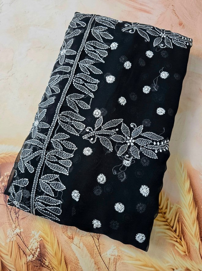 Black Saree with White Resham thread Chikankari - Folded