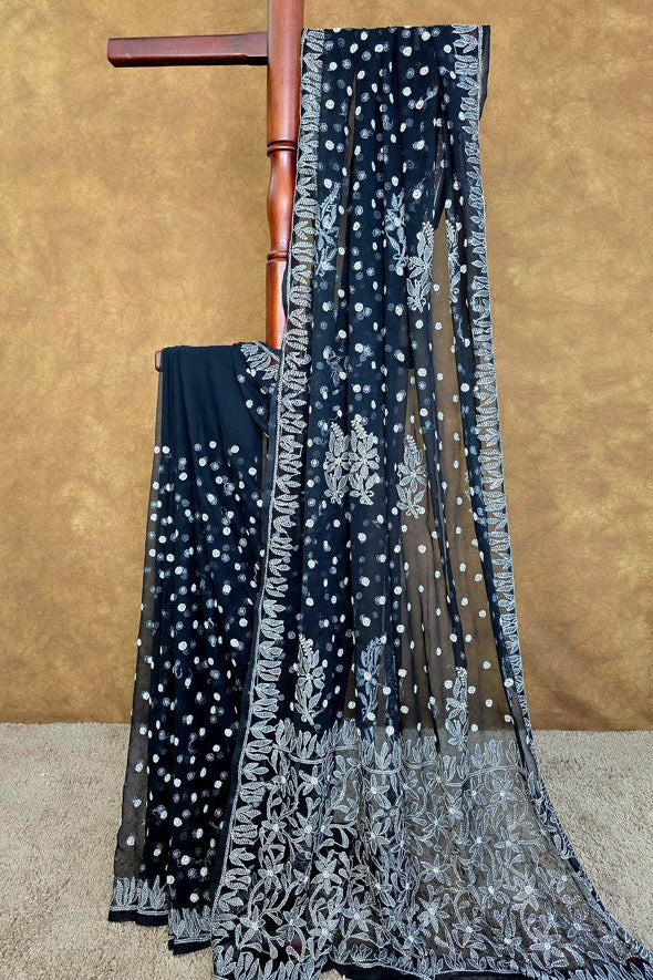 Black Saree with White Resham thread Chikankari | Hastweave