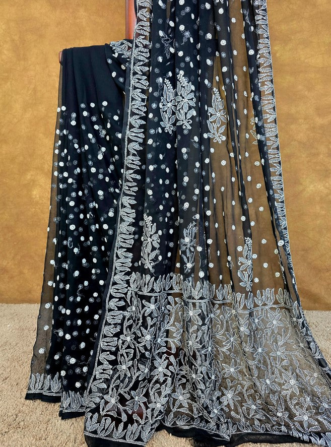 Black Saree with White Resham thread Chikankari -Elegant work