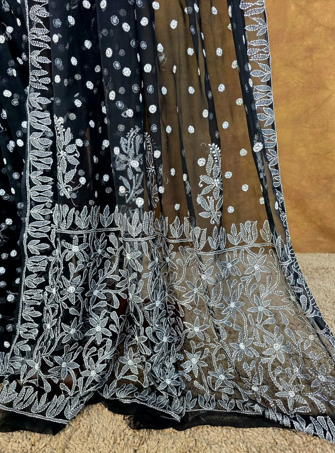Black Saree with White Resham thread Chikankari - Pallu