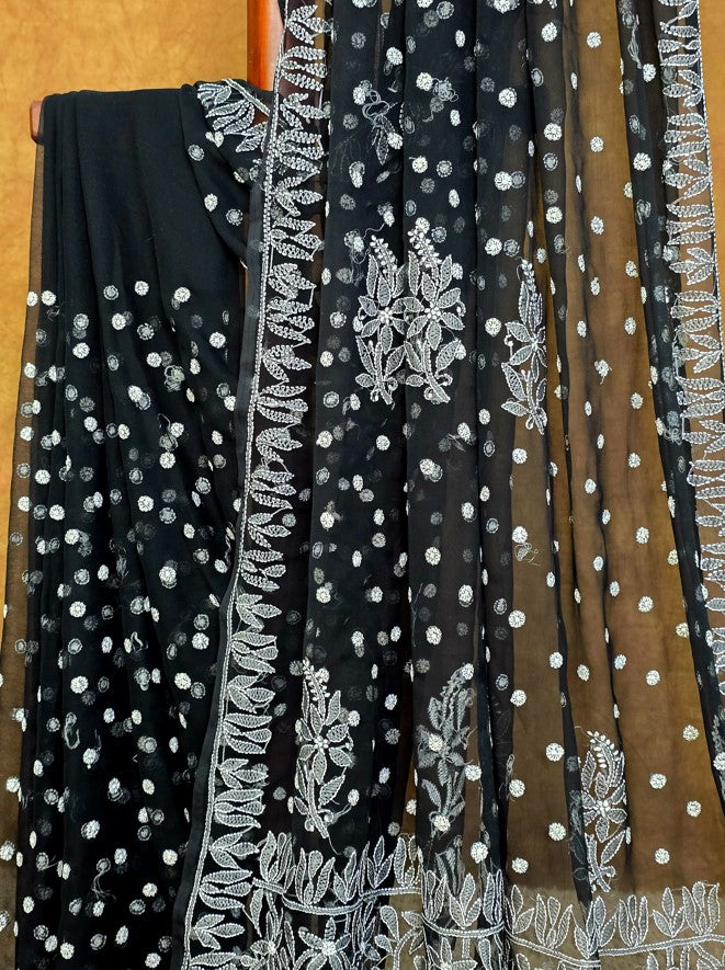 Black Saree with White Resham thread Chikankari