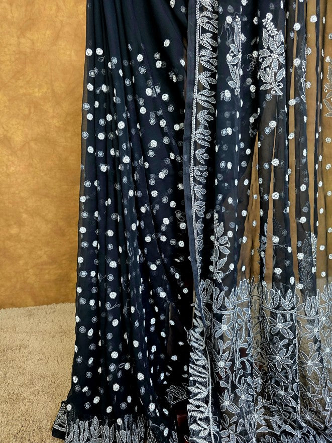 Black Saree with White Resham thread Chikankari - Pleats