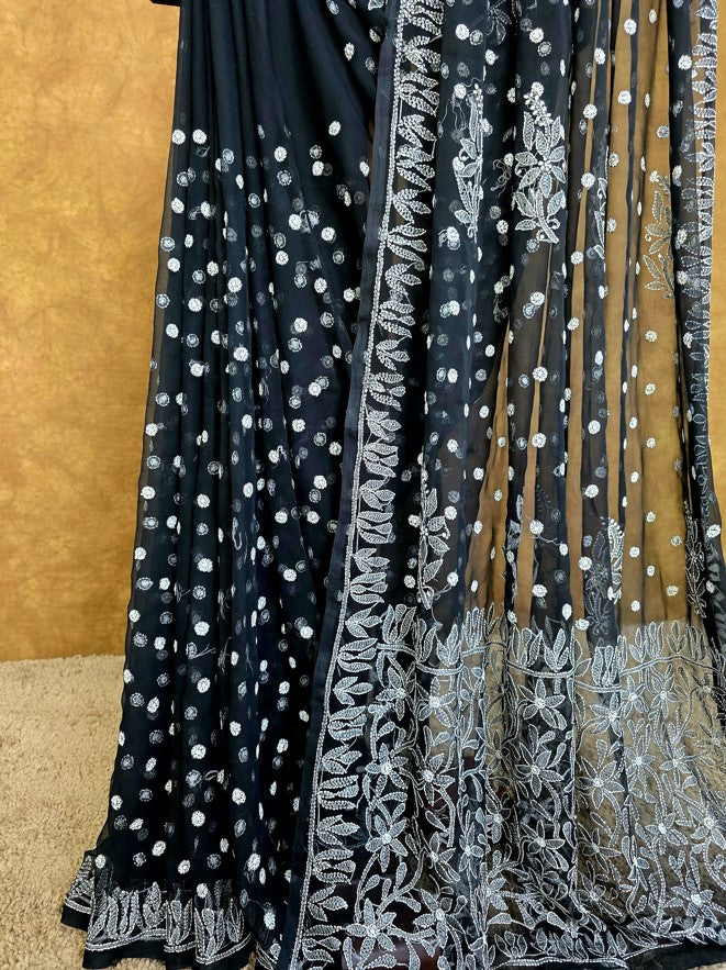 Black Chiffon Saree with White Chikankari Resham Work