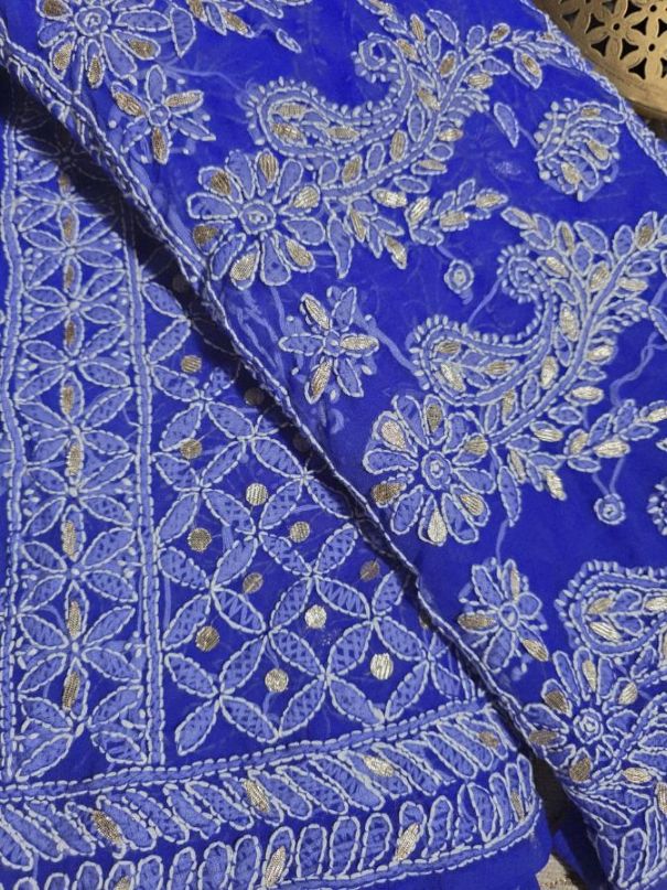 Cobalt Blue Chiffon Full Jaal Chikankari Saree with Gota Patti Work