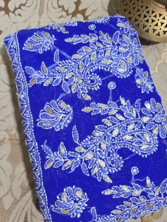Cobalt Blue Chiffon Full Jaal Chikankari Saree with Gota Patti Work