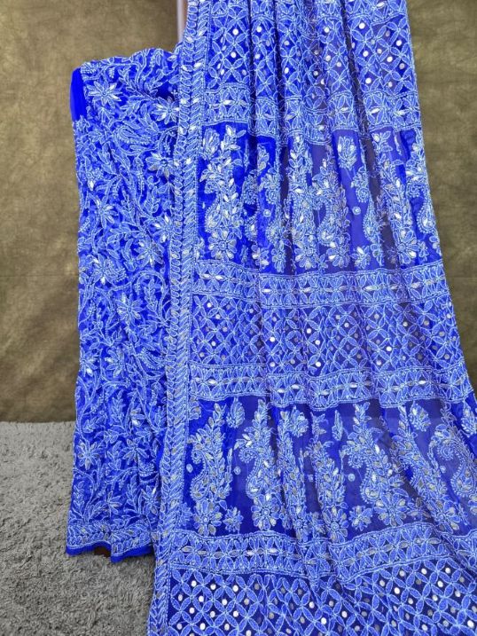 Cobalt Blue Chiffon Full Jaal Chikankari Saree with Gota Patti Work