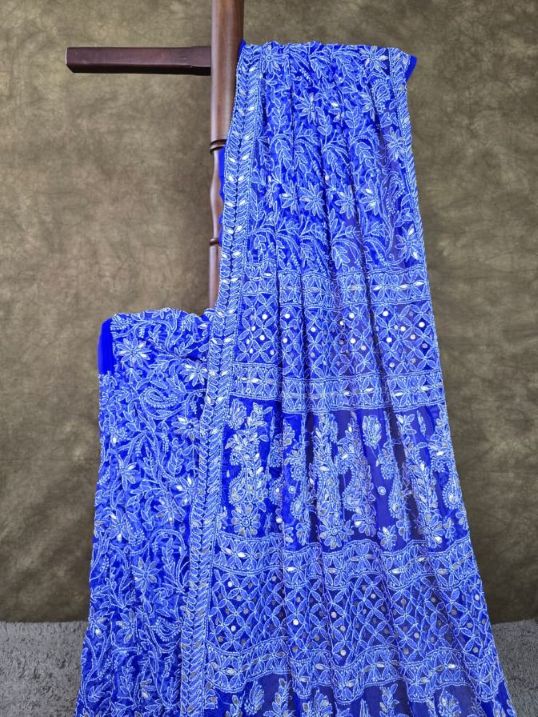Cobalt Blue Chiffon Full Jaal Chikankari Saree with Gota Patti Work