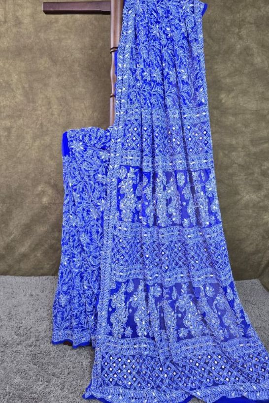 Cobalt Blue Chiffon Full Jaal Chikankari Saree with Gota Patti Work