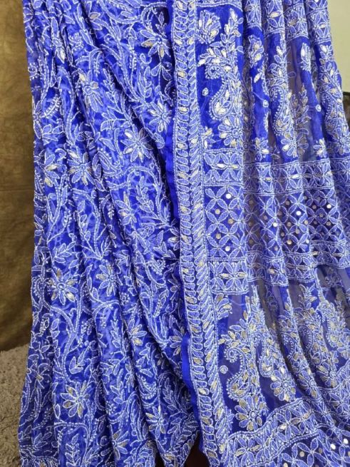 Cobalt Blue Chiffon Full Jaal Chikankari Saree with Gota Patti Work