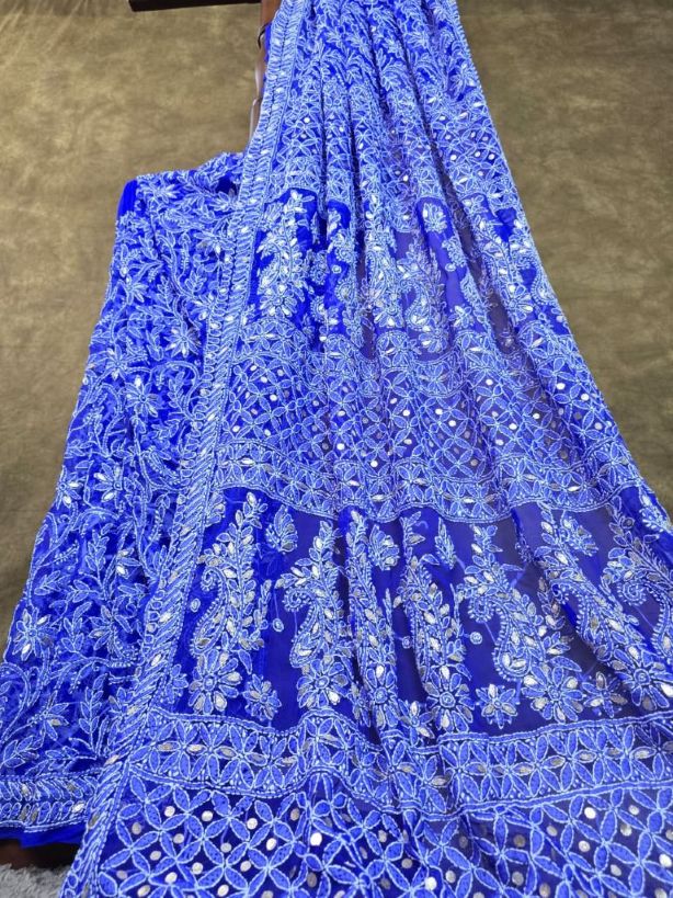 Cobalt Blue Chiffon Full Jaal Chikankari Saree with Gota Patti Work