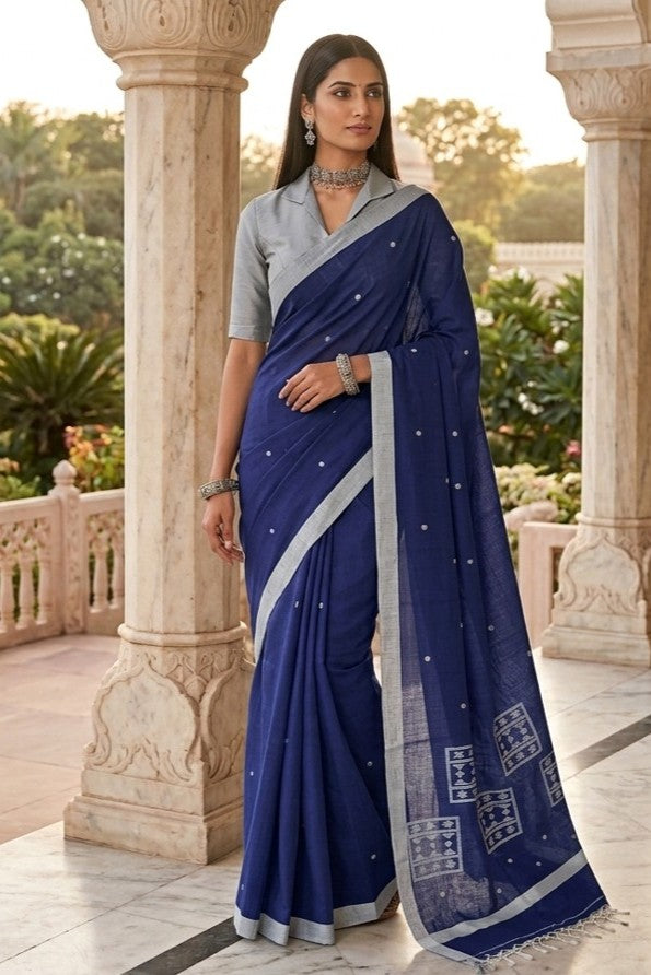 Blue Handloom Cotton Saree with Grey Border Hastweave