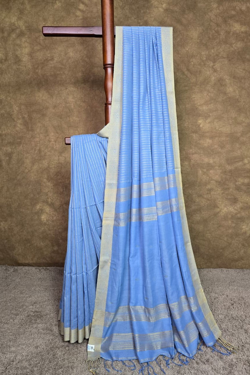 Sky Blue Handloom Cotton Saree with Subtle Stripes and Contrast Border