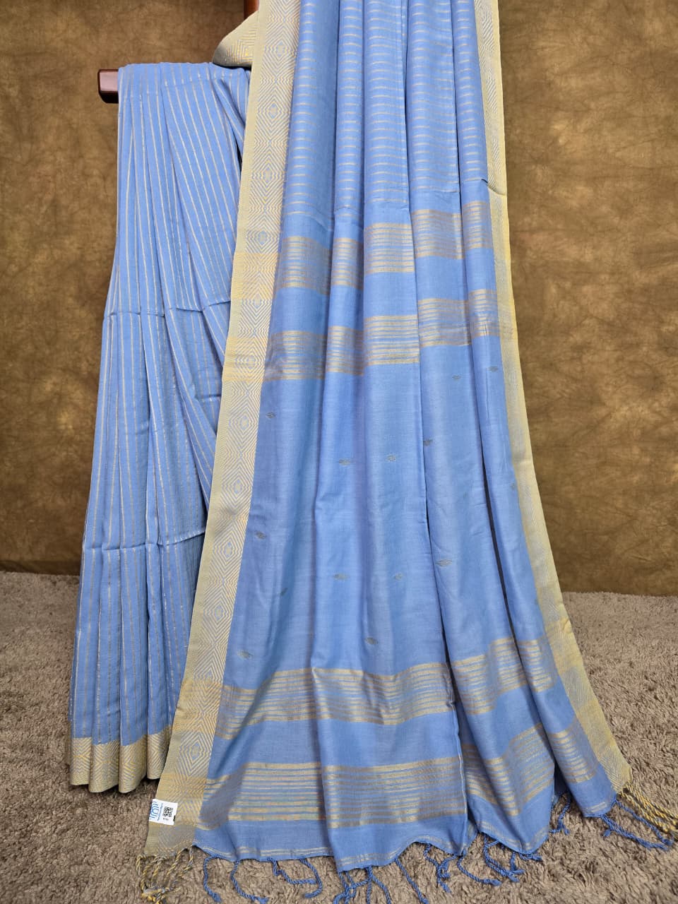 Sky Blue Handloom Cotton Saree with Subtle Stripes and Contrast Border