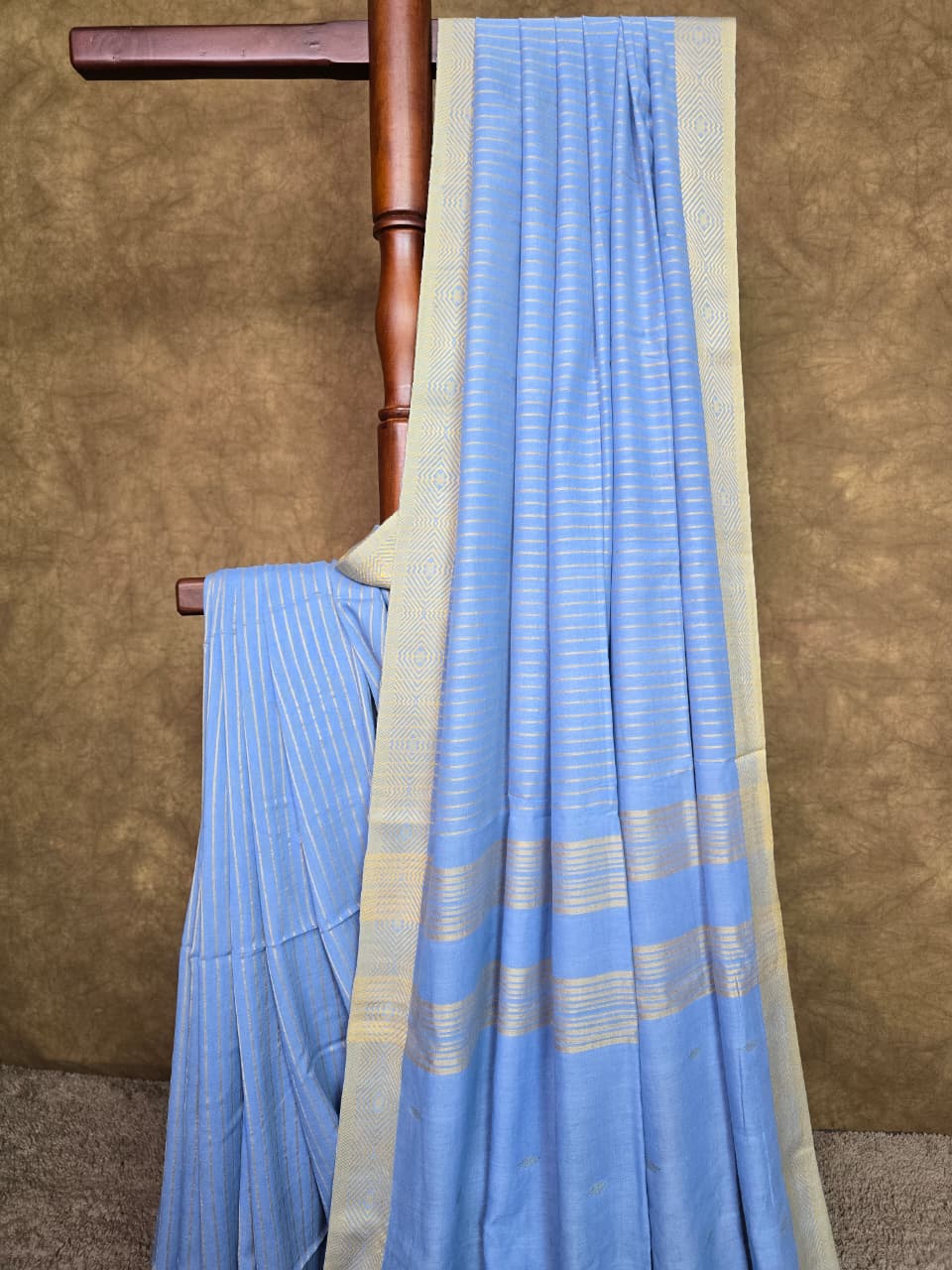 Sky Blue Handloom Cotton Saree with Subtle Stripes and Contrast Border