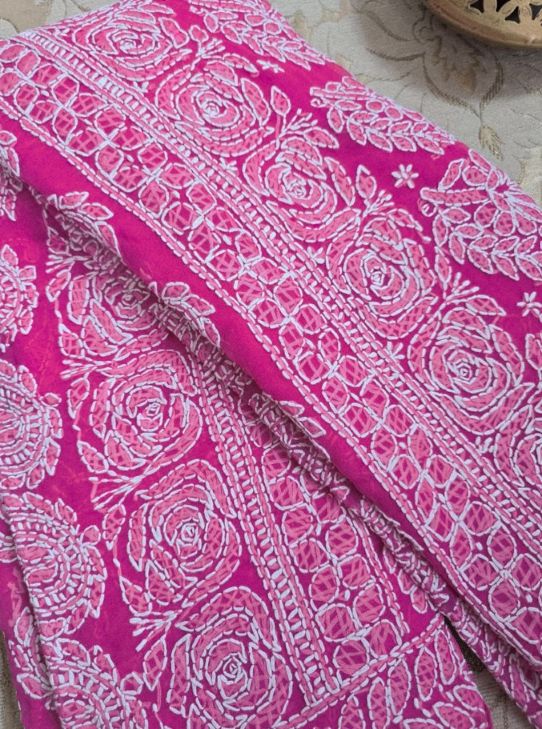 Fuchsia Garden - Handcrafted Lucknowi Chikankari Chiffon Saree