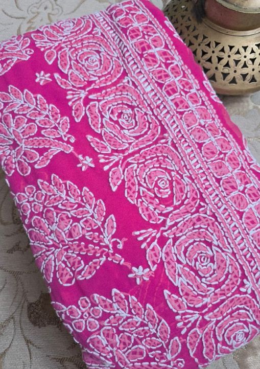 Fuchsia Garden - Handcrafted Lucknowi Chikankari Chiffon Saree