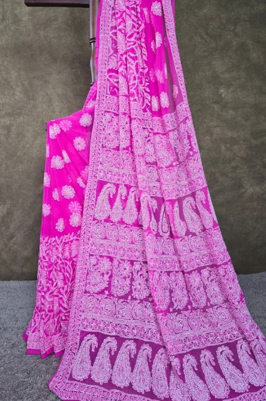 Fuchsia Garden - Handcrafted Lucknowi Chikankari Chiffon Saree