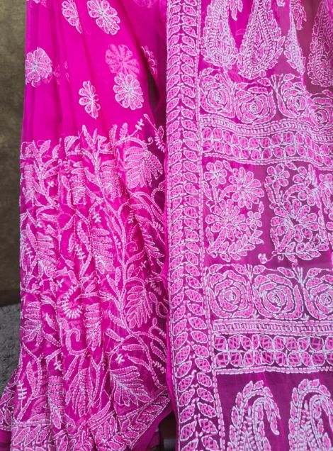 Fuchsia Garden - Handcrafted Lucknowi Chikankari Chiffon Saree