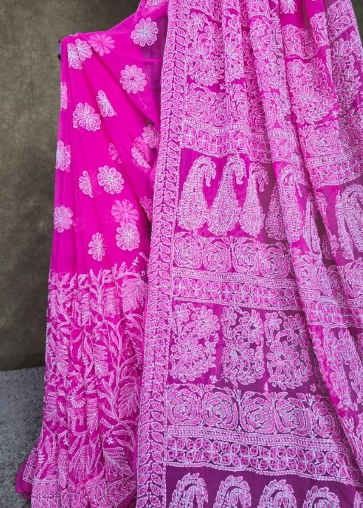 Fuchsia Garden - Handcrafted Lucknowi Chikankari Chiffon Saree