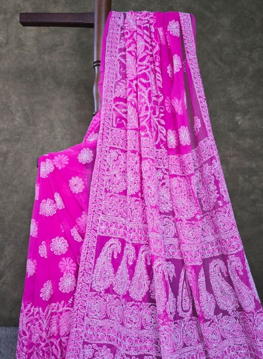 Fuchsia Garden - Handcrafted Lucknowi Chikankari Chiffon Saree