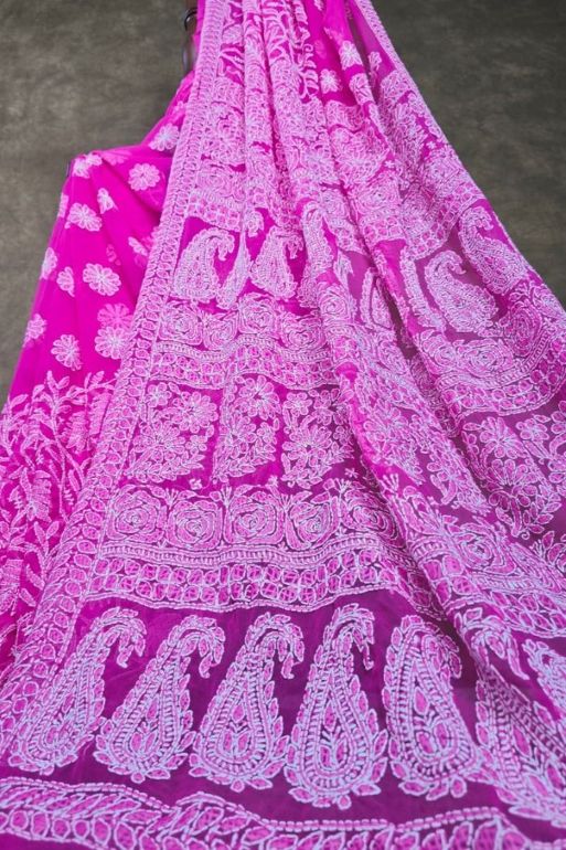 Fuchsia Garden - Handcrafted Lucknowi Chikankari Chiffon Saree