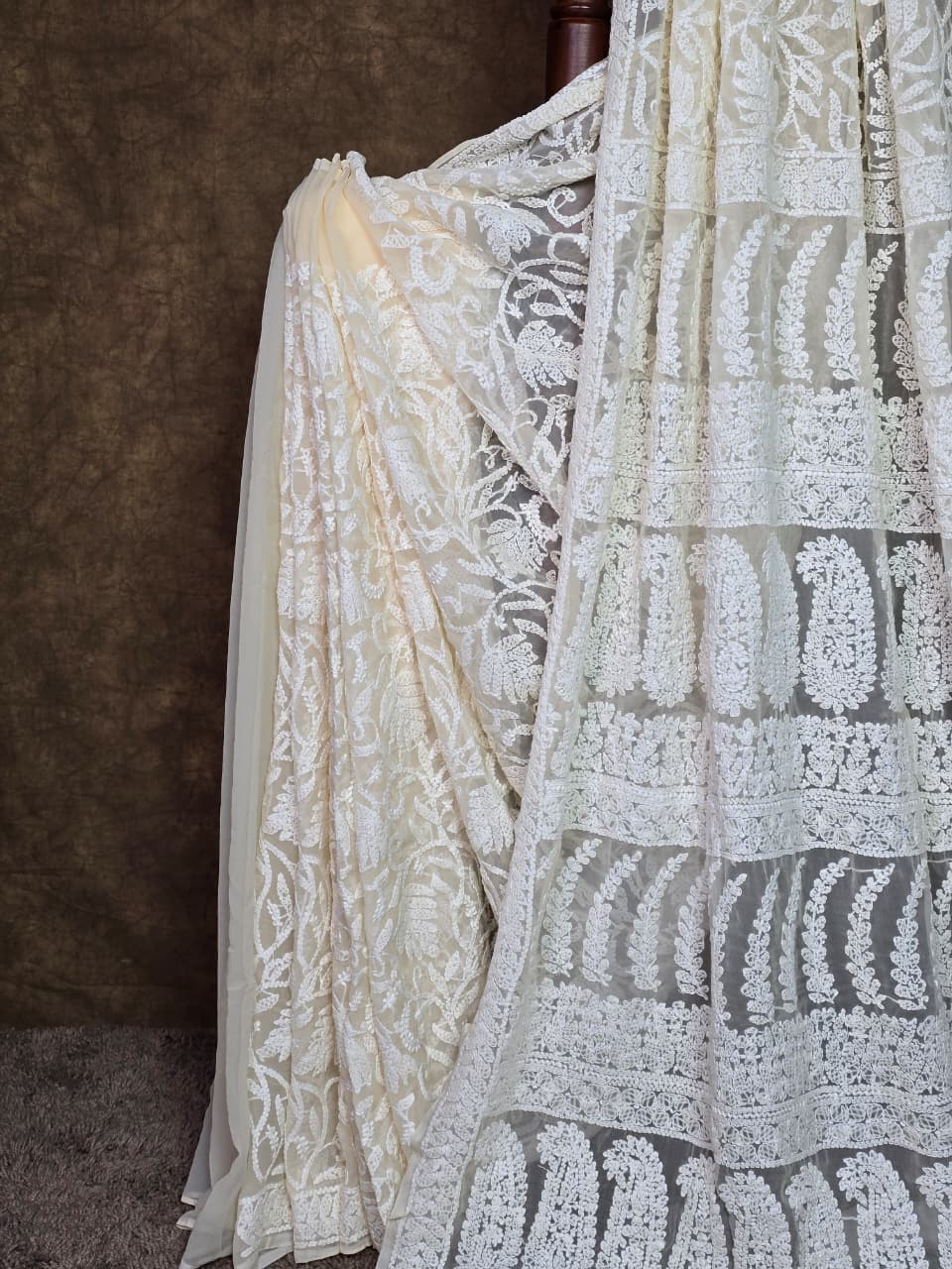 Luxury Cream Chiffon Chikankari Saree | Complete Handcrafted Work