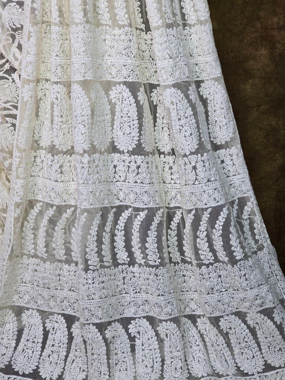Luxury Cream Chiffon Chikankari Saree | Complete Handcrafted Work