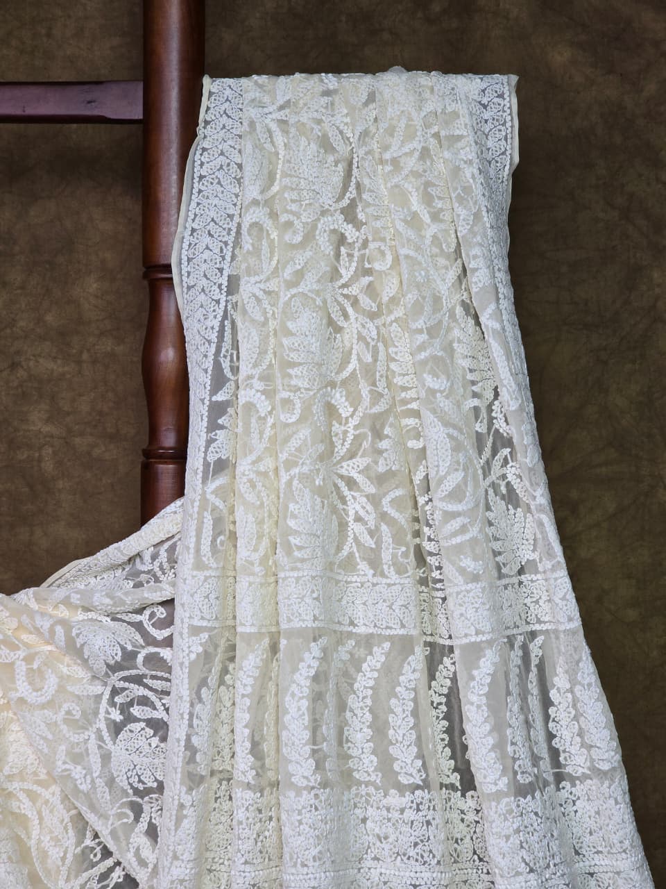 Luxury Cream Chiffon Chikankari Saree | Complete Handcrafted Work