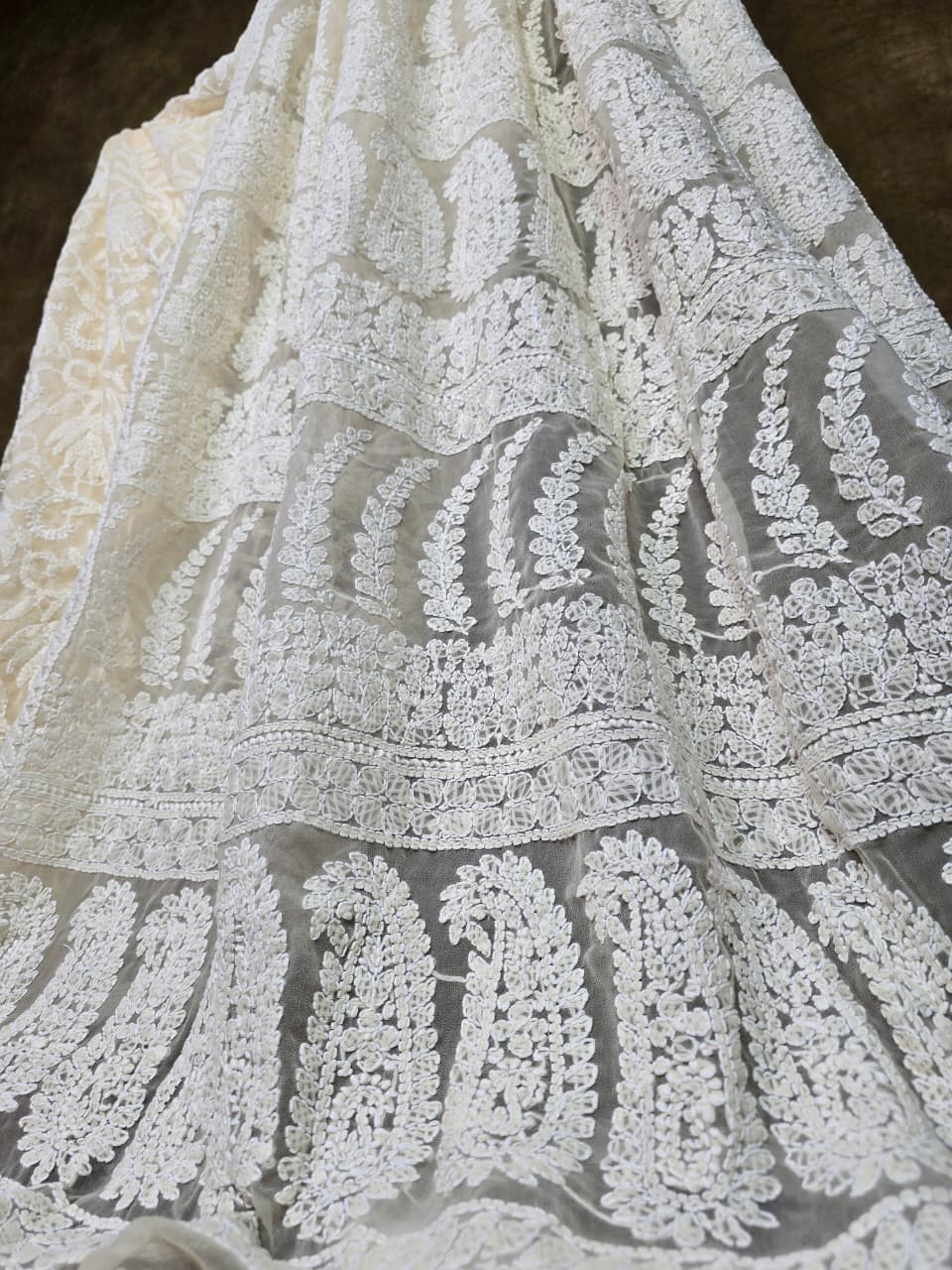 Luxury Cream Chiffon Chikankari Saree | Complete Handcrafted Work
