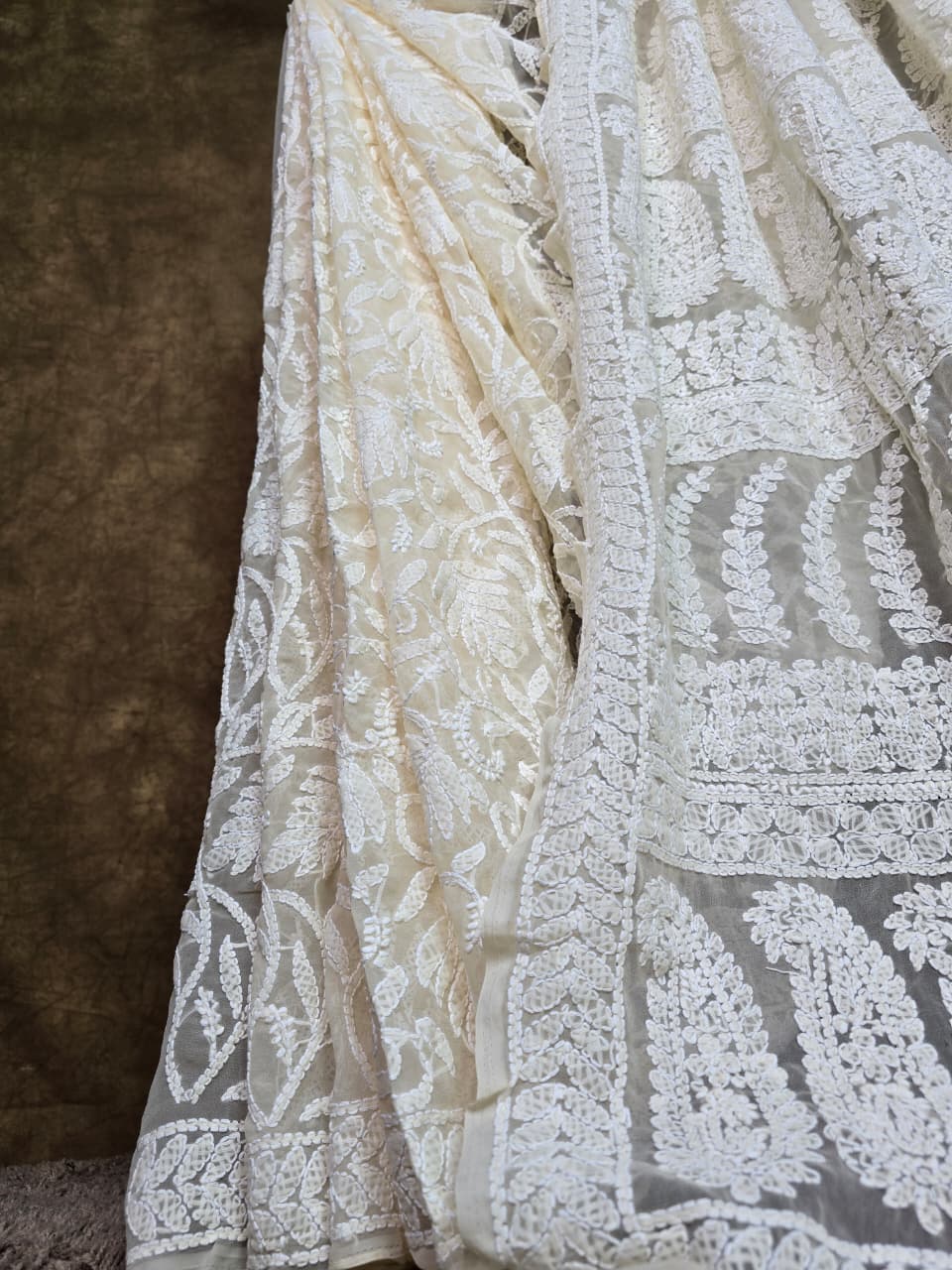 Luxury Cream Chiffon Chikankari Saree | Complete Handcrafted Work