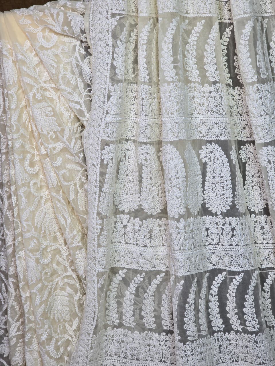 Luxury Cream Chiffon Chikankari Saree | Complete Handcrafted Work