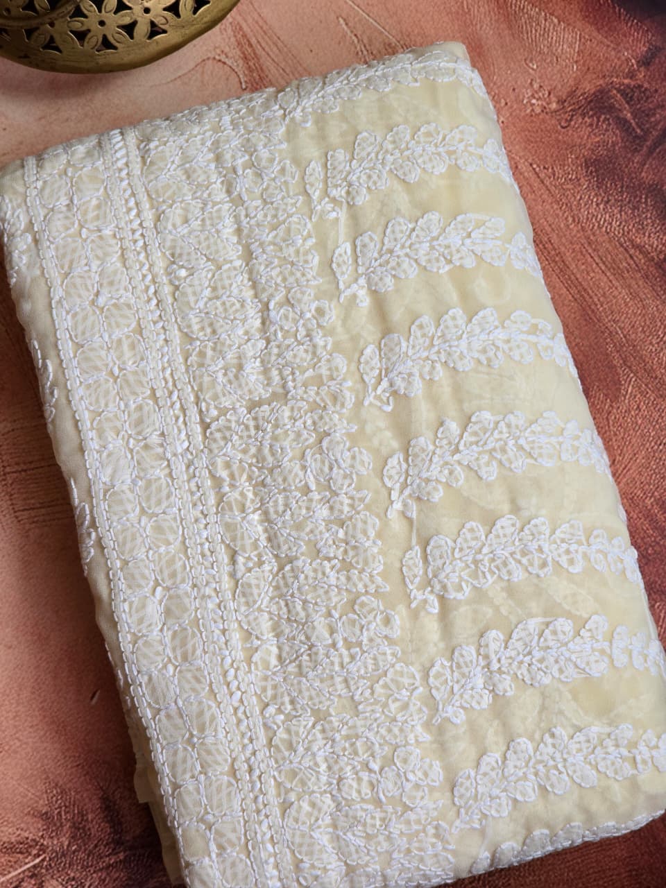 Luxury Cream Chiffon Chikankari Saree | Complete Handcrafted Work